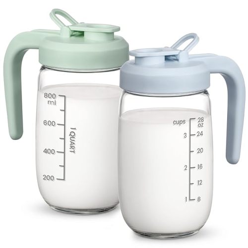 2 Pack Breast Milk Pitcher 32 OZ, Heat & Cold Resistant, Sudden Temperature Safe, Fast Baby Formula Maker with Wide Mouth, No Leak Glass Fridge Storage Container for Juice, Cold Brew-Blue, Green