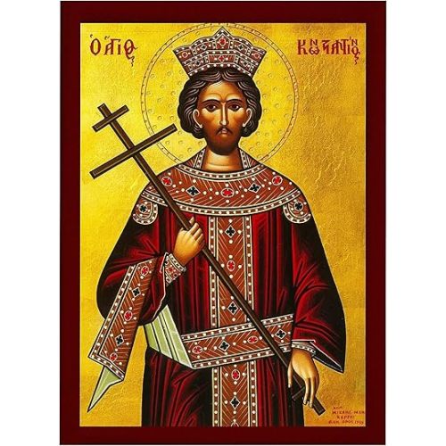 Saint Constantine icon The Great, Handmade Greek Orthodox icon of St Constantine, Byzantine Art Wall Hanging Wood Plaque, Religious Gift 11x15cm