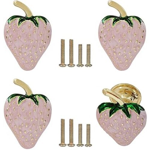 Pink Strawberry Decor Kitchen Knobs Fruit Shape Metal Cabinet Handles 4PCS