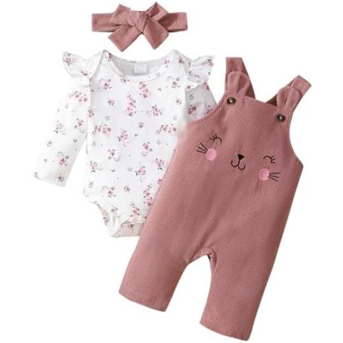 Newborn baby girl outfits Infant fall clothes long Sleeve rompers Overalls pants sets DIY headband 3pcs