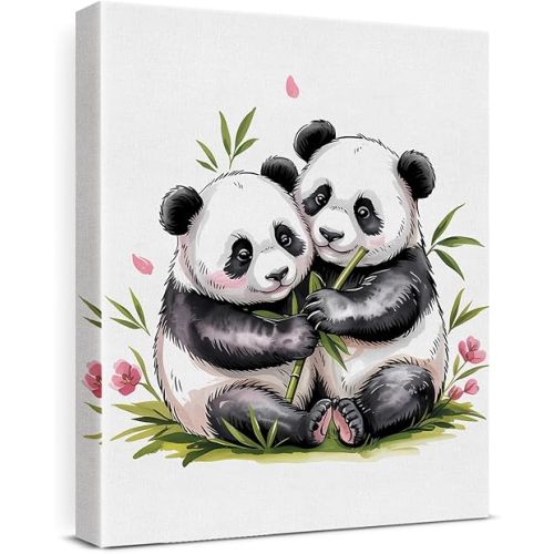 Cute Panda Canvas Wall Art Couple Pandas Print Poster Framed Painting for Home Living Room Bedroom Wall Decor, Housewarming Gift for Panda Lovers, 8x10 Inch