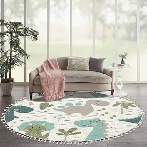 Round Rugs Dinosaur Baby boy Childish Sweet Dino with Palm and Cactus Boho Area Rug Linen and Cotton Carpet Meditation Rug Washable Hallway Runner Mat Accent Rug for Bedroom Bathroom 6ft