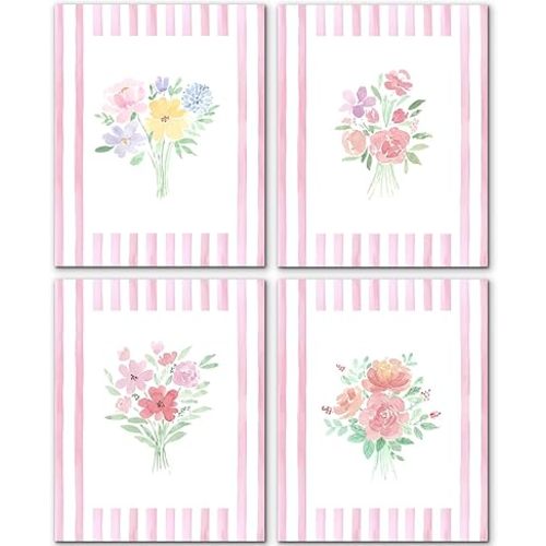 JINYO Preppy Pink and White Striped Floral Wall Art Prints Set of 4, Floral Room Decor, Pastel Rustic Wildflower Botanical Posters Pictures Wall Decor for Girls Bedroom Dorm, 8x10 Unframed