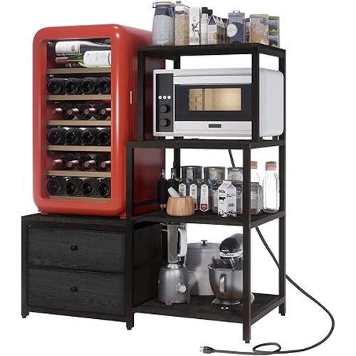 Mini Fridge Stand with Storage, Microwave and mini Fridge Stand with Power Outlet, Coffee Bar,Kitchen Baker,for Dorm,Office(Black)