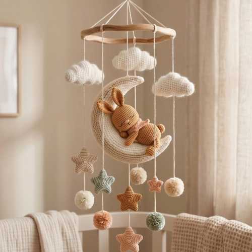 Baby Mobile with Crochet Bunny on Moon, Baby Crib Mobile, Boho Baby Mobile, Nursery Decor for Baby, Baby Shower Gift, Newborn Gift
