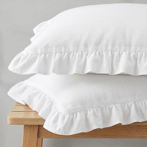 Q&J Fabric Co. 2 Pack White Standard Pillow Cases Luxury 600 TC 100% Washed Cotton White Ruffled Pillow Covers 20x26 inch with Hidden Zipper for Bed Farmhouse Home Decor