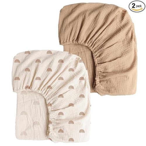 Konssy Muslin Crib Sheets for Girl Boy, 2 PCS Soft and Breathable Cotton Baby Sheets for Standard Crib Mattress, 52"x 28" (Camel, Rainbow)