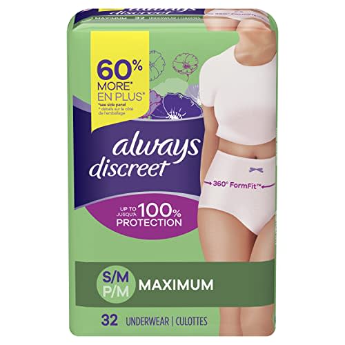 Always Discreet Adult Diapers for Women, Incontinence Underwear, Postpartum Essentials, Disposable Briefs, Max Absorbency, Bladder Leak Protection, Small/Medium, 32ct