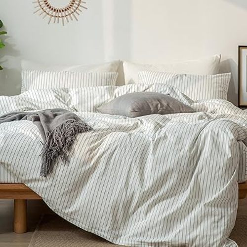 MooMee Striped Duvet Cover Set 100% Washed Cotton Linen Like Oversized Full