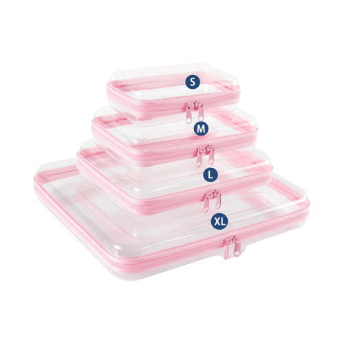 4 PCS Clear Hard Shell Zipper Storage Bags, Waterproof Travel Toiletry Cosmetic Organizer, Transparent Hard Makeup Carry on Pouches in S/M/L/XL Multi Sizes for Vacation & Daily Storage
