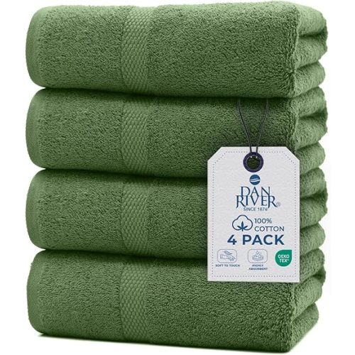 DAN RIVER Bath Towels Set of 4, 27 x 54 Inches, 100% Cotton, Larger & Lighter Weight, Quicker to Dry, Super Soft and Absorbent, Ideal Large Bath Towel for Daily Use, Sage Green