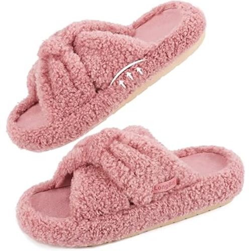 LongBay Womens Fuzzy Slippers Open Toe Memory Foam Supportive House Shoes Bow Crossbands Indoor Bedroom Slides Gift