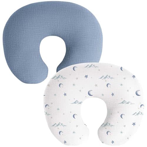 Muslin Nursing Pillow Covers, 2 Pack, Soft & Adorable Slipcovers with Zipper Closure, 100% Cotton Covers for Breastfeeding Pillows (Blue, Moons)