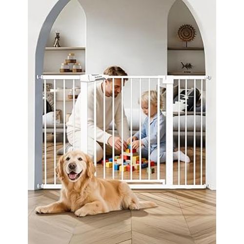 Babelio 29-55 Inch Extra Wide Baby/Dog Gate, PressGuard P7, Metal Auto Close, Pressure Mounted Pet Door for Doorways, NO Need Tools and Drilling, with Wall Cups, White
