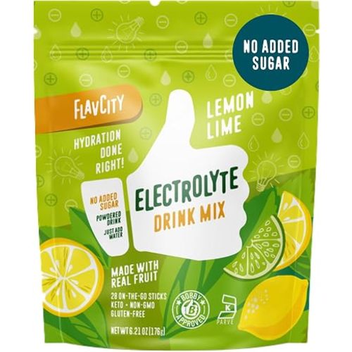 FlavCity Lemon Lime Electrolytes Powder Packets - 28 Hydration Packets - No Added Sugar - Hydration Powder with Real Fruit & Unrefined Sea Salt - Keto & Gluten-Free (28 Stick Packs)