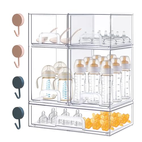 Baby Bottle Organizer-5 Pack Stackable Storage Drawers, Baby Organizers and Storage with Hooks, Clear Acrylic Multipurpose Bottle Storage for Countertop,Kitchen,Cabinet,Vanity,Bathroom