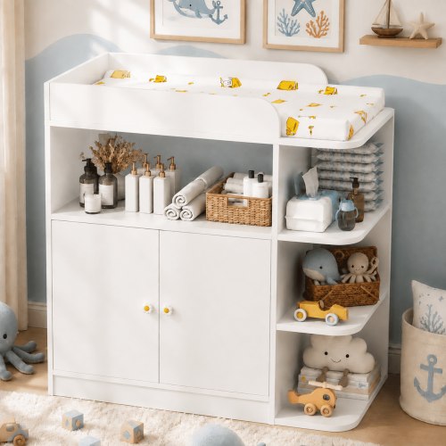 linor Baby Changing Table Dresser, 3 Drawer, Non-Slip, Storage Shelves, Natural Wood, Safety Belt