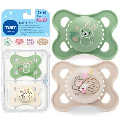 MAM Original Baby Pacifiers 0-6 Months, Binky for Newborn Babies, BPA-Free Skin Soft Silicone Nipple, Glows in The Dark, Developed with Medical Experts, 4 Count, Made in Europe