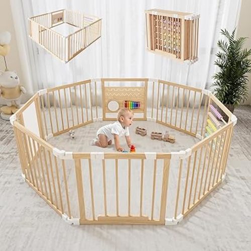 NAIZEA Wooden Playpen- Extra Large for Toddlers and Babies, Wood Baby Playpen, Baby Gate Fence For Play Area, Adjustable Size & Shape,8 Panels