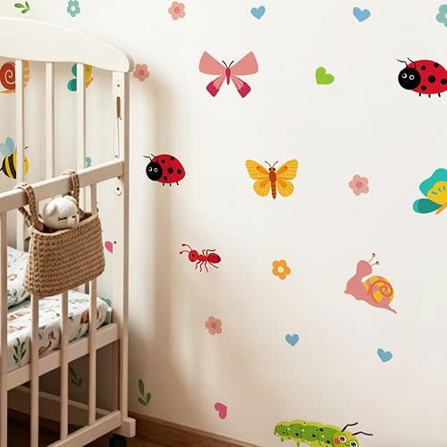 Cartoon Insect Wall Stickers – Peel Stick Watercolor Boho Bug Decals, Butterflies, Ant, Snails, Ladybugs, Caterpillars Nursery Decor for Kids Room, Baby Bedroom, Living Room, Kitchen