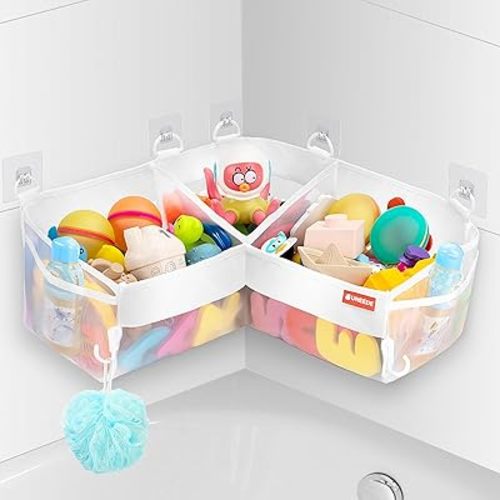 UNEEDE Bath Toy Storage - 3 Compartment Corner Bath Toy Storage Organizer, 4 Gallons Quick-Drying Bath Toy Holder, Machine-Washable Bathtub Toy Storage for Classify Toys & Bath Supplies
