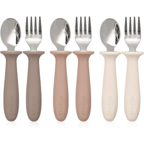6 Pieces Toddler Utensils, Children Silverware Set with Silicone Handle, Kids Safe Spoons and Forks, Dishwasher Safe, 18/8 Stainless Steel, Food-grade Silicone,BPA Free - Tan
