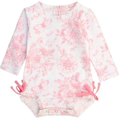RuffleButts Baby Girls UPF 50+ Sun Protection Floral Printed Long Sleeve One Piece Rash Guard Swimsuit with Zipper
