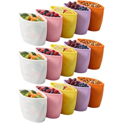 Silicone Reusable Food Storage Bags Stand Up Zip Lock Container (15 Pack)