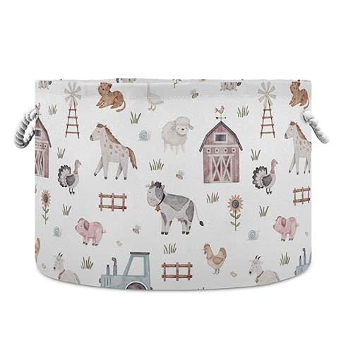 Burbuja Farm Animals Round Storage Basket with Cotton Rope Handles, Laundry Basket for Blankets, Toys, Nursery, Living Room Decoration