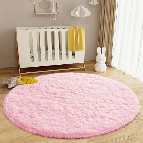 Junovo, Kids Fluffy Round Area Rug, 4'x4', Pink, Plush Shaggy Carpet