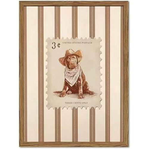 Western Cowboy Dog Wall Art, Vintage Striped Animal Southwestern Wall Decor Pictures Retro Southwest Cowboy Poster Painting Canvas Print for Living Room Bedroom 12x16 Inch Wood Framed