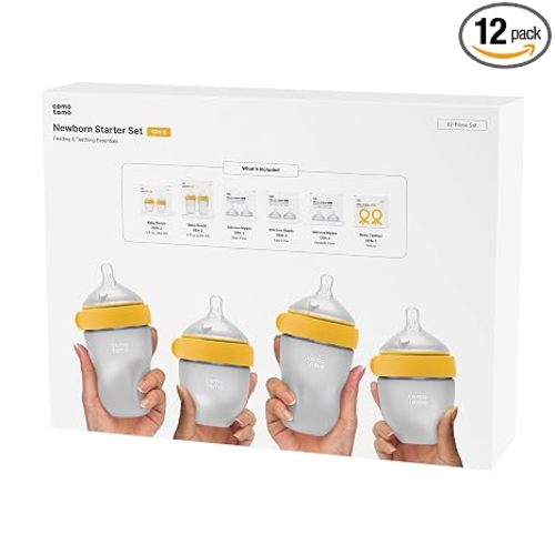 Comotomo Newborn Starter Set - 12 Piece Baby Bottle Gift Set, Yellow | Baby Registry Essentials - 5 oz & 8 oz Silicone Bottles, Slow to Variable Flow Anti-Colic Nipples & Soothing Teethers