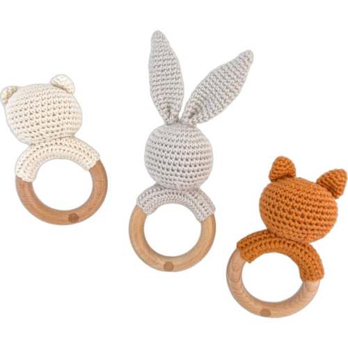 Baby Animal Rattle Set Bear Fox Bunny Grey Cotton Teether - The Blueberry Hill | Maisonette