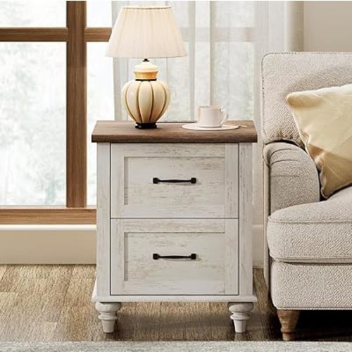 WAMPAT Antique White Side Table Nightstand with Charging Station, Wood End Table with 2 Drawers for Living Room, Rustic Night Stand Farmhouse Bedside Table for Bedroom, Kids Room
