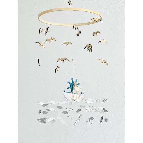 Fishing baby mobile, marine crib mobile nursery, boat fish bird baby toddler mobile, modern minimalist mobile, gender neutral mobile