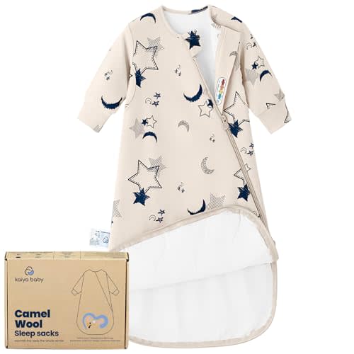 KaiyaBaby Organic Cotton Baby Sleep Sack, Long Sleeve 1.0 TOG, 6-18M | Safe Sleep Design, Soft Warm Sleep, GOTS Certified, Organic Cotton & Camel Wool Filling, Temp Sensing Sticker, Two-Way Zipper