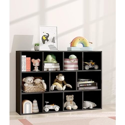 11 Cube Kids Toy Storage Organizer with Kids Shelf, Baby Bookshelf for Nursery, 3-Tier Children Wooden Bookcase, Storage Bookshelf for Classroom, Playroom, Kindergarten, Black