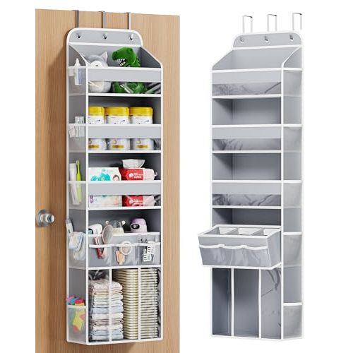 OneDream Over the Door Organizer for Nursery, 5-Tier Baby Clothes Organizer with Removable Storage Caddy, Hanging Behind Door Storage with Clear Pockets and Side Mesh Compartments, Grey