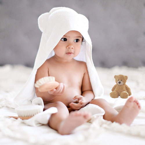 Organic Bamboo Hooded Baby Towel- Soft, Absorbent, Infant Bath & Drying, 2 Washcloths, White Bear Ears, Large