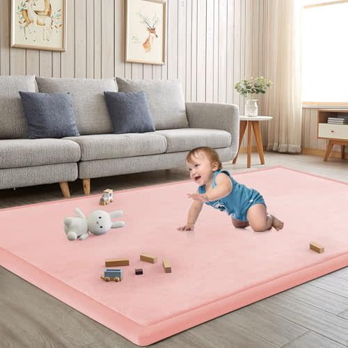 Baby Play Mat for Floor Nursery Rug Muscle Mat Area Rug Playroom Rug 65"x50" Playpen Mat Elastic Foam 1.3" Thick Crawling Mat for Babies,Toddlers, Infants, Kids,Light Pink