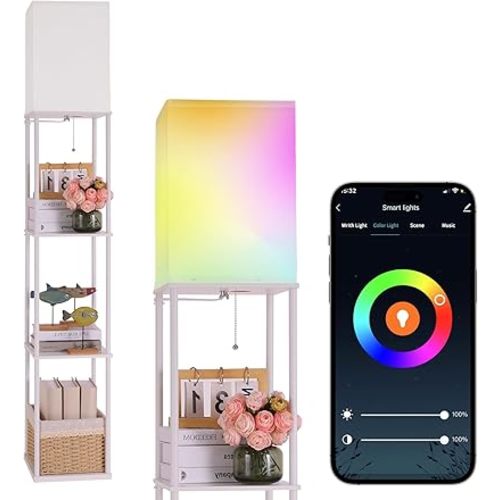 Floor Lamp with Shelves, with Modern Square Standing Lamp with Smart APP Control RGB Bulb, Corner Display Bookshelf Lamp for Living Room, Bedroom and Office (White-9RGB)