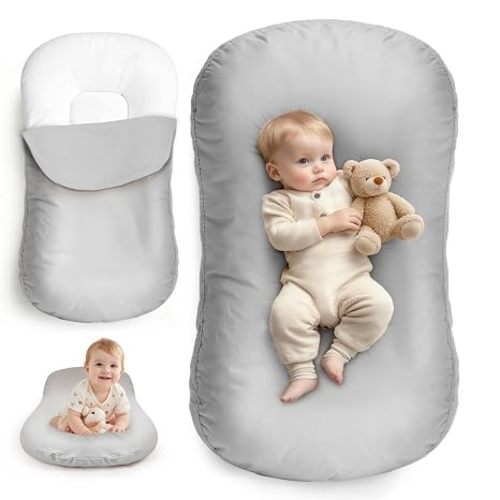 FibeGlis Extra Large Newborn Lounger & Baby Nest – Essential Baby Registry Gift – XL Portable Infant Floor Cushion for Tummy Time Support – Machine Washable Cotton Cover (CPC Certified)