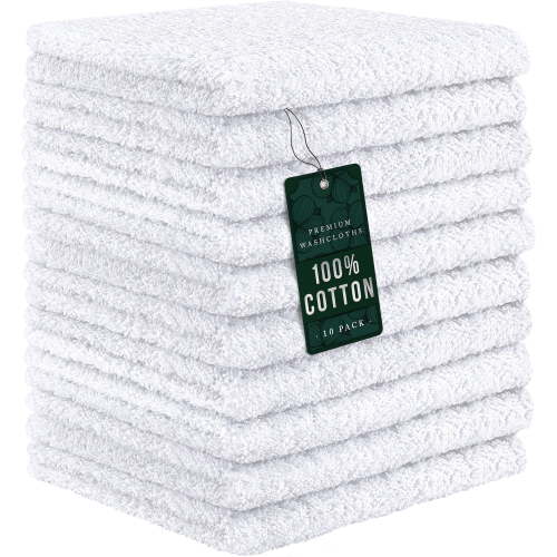 DecorRack 10 Pack 100% Cotton Washcloths, Quick Dry, Absorbent Towels, White (10 Pack)