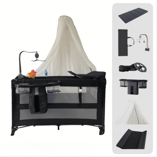 Nursery Center Portable Baby Play Yard Folding Playpen with Bassinet,Changing Table,Wheels,Elevated Mosquito Net for Newborn,Four-Panels,Unisex
