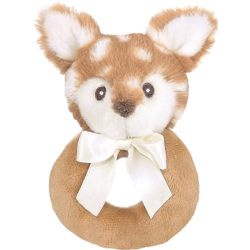 Bearington Collection Baby Lil’ Willow, 5.5 Inch Fawn Plush Stuffed Animal, Soft Baby Rattles and Plush Rings - Newborn Toys