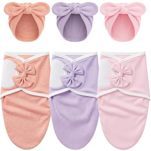 DRESHOW BQUBO 3 Pack Newborn Baby Swaddle Blanket with Hats Infant Adjustable Velcro Swaddling Wraps with Bear Ears Cap for 6-12 Lbs Newborns & 0-3 Months Girls Boys