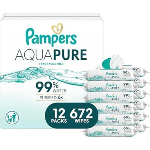 Pampers Aqua Pure Baby Wipes, 99% Water, Fragrance Free, Unscented, Water Based, Multi-Use, 672 Wipes Total (12X Flip-Top Packs) [Packaging May Vary]