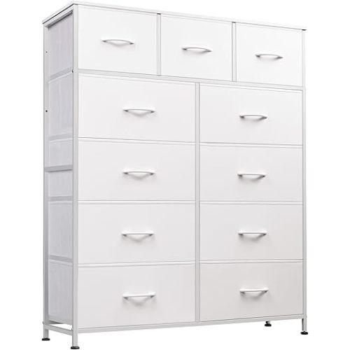 WLIVE Tall Dresser for Bedroom, Fabric Dressers Storage Tower, Dresser & Chest of Drawers Organizer Unit with 11 Drawers, Storage Cabinet, Hallway, Closets, Steel Frame, Wood Top, White