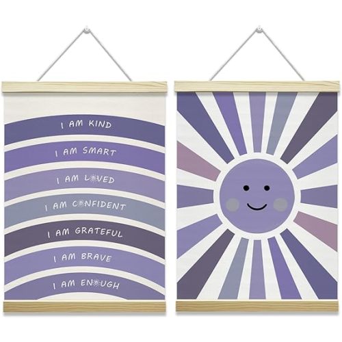 I Am Kind Positive Affirmations Poster Hanger Frame, Inspirational Wall Art With Wooden Poster Hanger, Purple Rainbow Wall Decor Set of 2, Nursery Room Kids Bedroom Playroom Decor(12x16 Inches)-TZ04