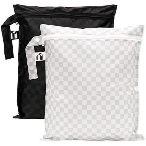 Bumkins Roamio - Waterproof Wet Bag - For Baby, Travel, Swim Suit, Cloth Diapers, Pump Parts, Pool, Gym, Toiletry, Strap to Stroller - Reusable & Easy to Clean - 2pk - Black Check & Off White